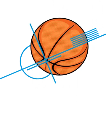Hình ảnh minh họa bóng rổ với dòng chữ "Never Give Up" và các yếu tố đồ họa trừu tượng màu xanh lam trên nền xám.