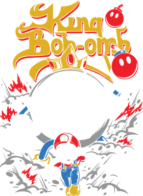 Hình ảnh Mario với biểu cảm lo lắng đối mặt với Vua Bob-omb đội vương miện, có chữ 'King Bob-omb' phía trên.
