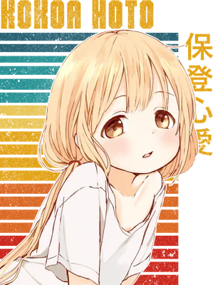 Hình ảnh cô gái anime tóc vàng, mắt to tròn, mặc áo trắng, với nền sọc ngang màu cam, vàng, xanh.