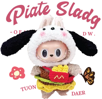 Hình ảnh búp bê hoạt hình dễ thương đội mũ tai thỏ trắng, mặc trang phục burger và cầm túi khoai tây chiên.
