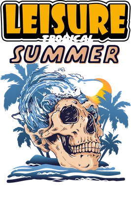 Hình ảnh đầu lâu với sóng biển xanh và cây dừa, chữ 'LEISURE TROPICAL SUMMER' và 'LET'S GET SURF'