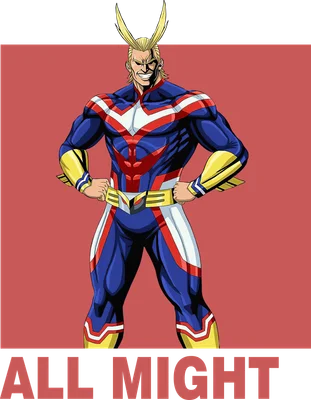 Hình ảnh All Might, nhân vật anh hùng trong trang phục xanh đỏ vàng, đứng tạo dáng mạnh mẽ.
