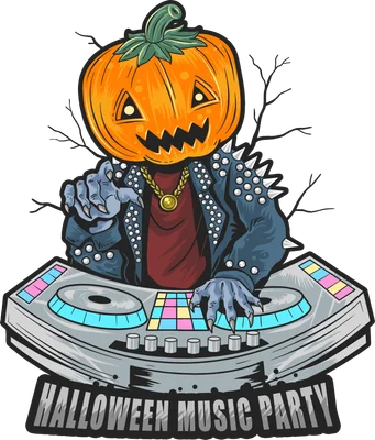 Hình ảnh DJ bí ngô đầu lâu đội mũ, mặc áo khoác rock, chơi nhạc trên bàn DJ, có chữ Halloween Music Party.