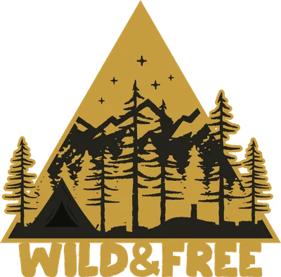 Hình ảnh cắm trại trong rừng thông với núi và bầu trời đầy sao, có chữ 'WILD & FREE'