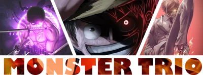 Hình ảnh minh họa bộ ba quái vật Zoro, Luffy và Sanji từ One Piece với hiệu ứng năng lượng và lửa.