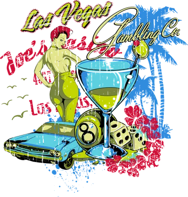 Hình in phong cách retro Las Vegas với cô gái, xe hơi cổ, ly cocktail và xúc xắc