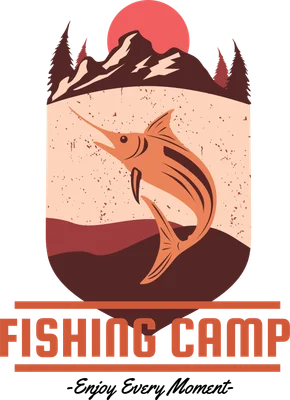 Hình ảnh minh họa cá kiếm nhảy vọt trên nền núi và mặt trời lặn, có chữ "FISHING CAMP" và "Enjoy Every Moment"