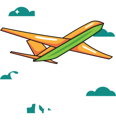 Hình ảnh máy bay màu cam và xanh lá cây với dòng chữ "Life is a Journey, enjoy the flight" trên nền xám.