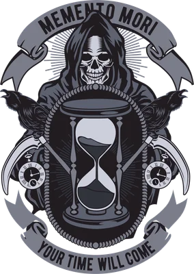 Hình minh họa thần chết cầm lưỡi hái với đồng hồ cát và quạ, phong cách gothic