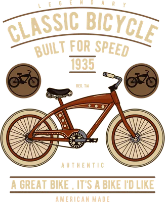 Hình minh họa xe đạp cổ điển màu nâu đỏ, phong cách retro, có chữ "Classic Bicycle"