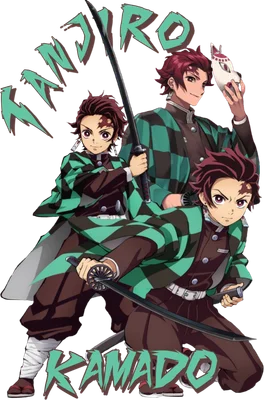 Ba phiên bản của Tanjiro Kamado, nhân vật chính trong anime Kimetsu no Yaiba, với trang phục đặc trưng và kiếm.