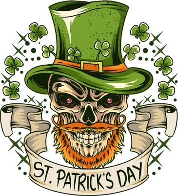 Hình minh họa đầu lâu phong cách hoạt hình đội mũ xanh lá cây và râu đỏ cho ngày lễ St. Patrick