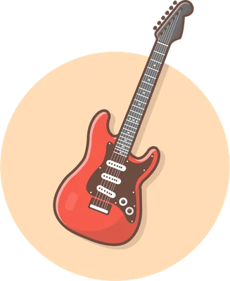 Hình minh họa guitar điện màu đỏ với các chi tiết màu nâu và trắng, trên nền tròn màu kem và xám.