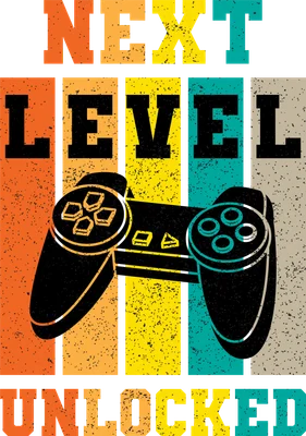 Thiết kế đồ họa tay cầm chơi game phong cách retro với dòng chữ Next Level Unlocked