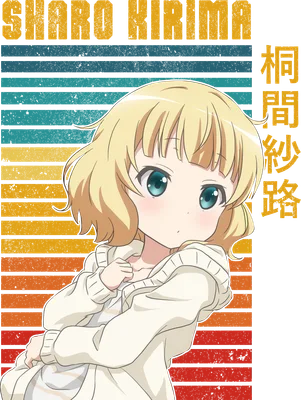 Hình ảnh cô gái anime tóc vàng, mắt xanh, mặc áo khoác trắng, với nền sọc ngang màu cam, vàng, xanh dương.