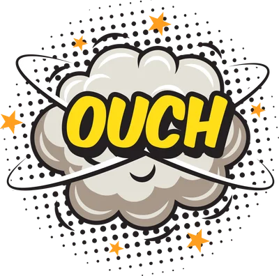 Hình ảnh chữ OUCH màu vàng nổi bật trên nền đám mây khói màu xám, phong cách truyện tranh pop art.