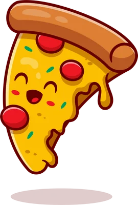 Hình ảnh miếng pizza hoạt hình với khuôn mặt cười tươi, phô mai tan chảy, trên nền xám.