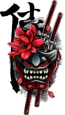 Hình ảnh mặt nạ Hannya đỏ với hoa sen và hai thanh kiếm Nhật Bản, có chữ Hán màu đen phía sau.
