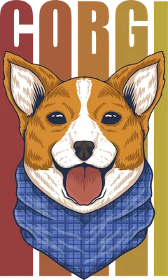 Hình minh họa chú chó Corgi đội khăn rằn xanh, miệng cười tươi, nền sọc màu