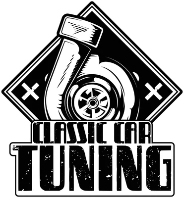 Hình ảnh logo turbocharger màu đen trắng với chữ 'CLASSIC CAR TUNING' phong cách cổ điển, mạnh mẽ.