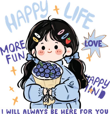 Hình vẽ chibi cô gái tóc đen hai bím, mặc áo khoác xanh, ôm bó nho, có chữ 'HAPPY LIFE', 'LOVE', 'MORE FUN'