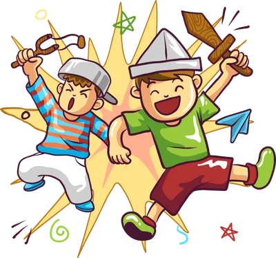 Hai cậu bé hoạt hình đang nhảy múa vui vẻ, một bé cầm kiếm gỗ, bé còn lại cầm ná cao su.
