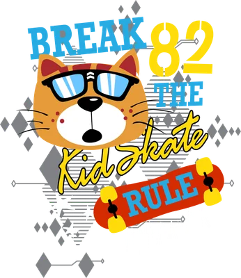 Hình vẽ mèo hoạt hình màu cam đeo kính râm xanh, bên cạnh ván trượt đỏ và chữ 'BREAK THE KID SKATE RULE'.