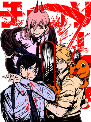 Bốn nhân vật anime Chainsaw Man gồm Denji, Power, Aki Hayakawa và Pochita trên nền xám với họa tiết đỏ.