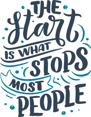 Hình ảnh typography với câu nói 'The Start Is What Stops Most People' bằng chữ viết tay màu xanh đậm và xanh dương trên nền xám.