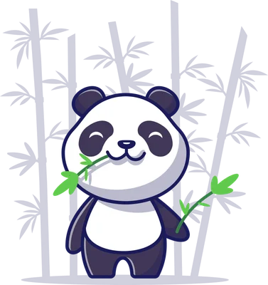 Hình ảnh gấu trúc hoạt hình dễ thương đang ăn măng, với phông nền tre xám.