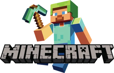 Nhân vật Minecraft màu xanh lá, cầm cuốc, cùng logo Minecraft