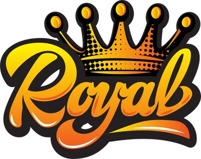 Logo chữ Royal với vương miện vàng cam, phong cách graffiti, viền đen.