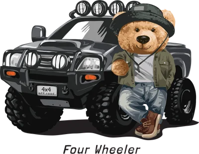 Hình minh họa gấu Teddy đội mũ, mặc áo khoác đứng cạnh xe bán tải 4x4 màu đen hầm hố.