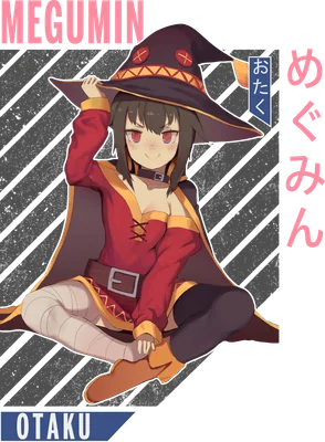 Hình ảnh nhân vật anime Megumin đội mũ phù thủy, mặc trang phục đỏ vàng, ngồi vắt chéo chân.