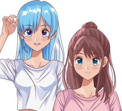 Hai cô gái anime trẻ tuổi với mái tóc xanh và nâu, mặc áo thun trắng và hồng, nhìn về phía trước.