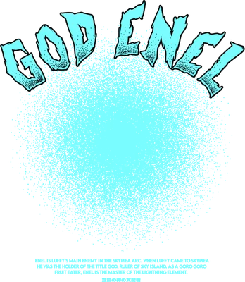 Chữ 'God Enel' với hiệu ứng tia sét xanh và các đốm sáng trên nền xám.