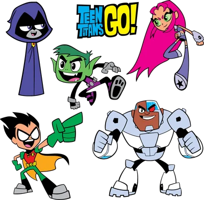 Nhóm siêu anh hùng Teen Titans Go với Raven, Beast Boy, Starfire, Robin và Cyborg trên nền xám.