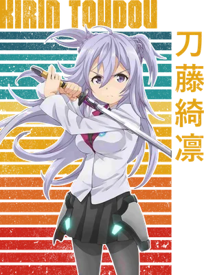 Hình ảnh minh họa anime cô gái tóc tím buộc hai bím, mặc áo sơ mi trắng, váy ngắn, tay cầm kiếm katana.