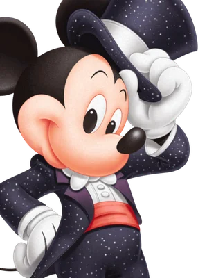 Mickey Mouse hoạt hình mặc tuxedo chấm bi tím than, đội mũ chóp và đeo găng tay trắng, đang cúi chào lịch sự.