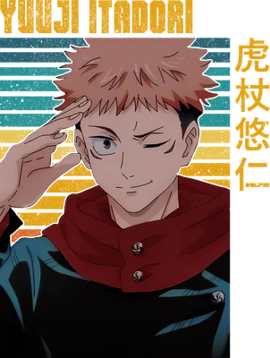 Hình vẽ Yuji Itadori, nhân vật anime Jujutsu Kaisen, đang giơ tay chào, với nền sọc màu và chữ tiếng Nhật.