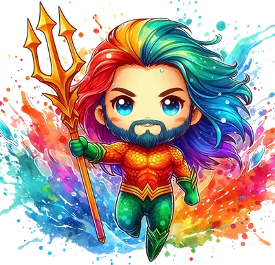 Hình minh họa chibi Aquaman với tóc cầu vồng, râu xanh, trang phục cam xanh, cầm đinh ba vàng, nền hiệu ứng màu nước rực rỡ.