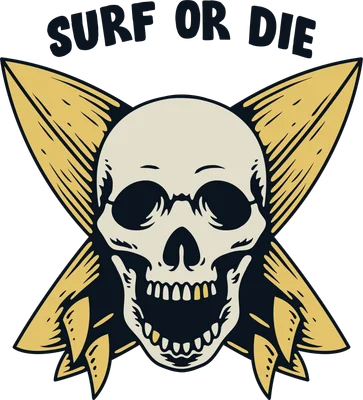 Hình minh họa đầu lâu đeo kính râm với hai ván lướt sóng bắt chéo, phong cách vintage surf