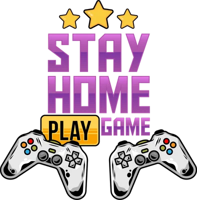 Hình minh họa chữ 'STAY HOME PLAY GAME' màu tím gradient, ba ngôi sao vàng và hai tay cầm chơi game màu trắng trên nền xám.