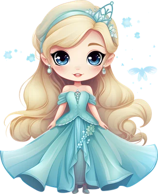 Hình ảnh công chúa chibi tóc vàng, mắt xanh to tròn, mặc váy xanh ngọc bồng bềnh, có vương miện và hoa trang trí.