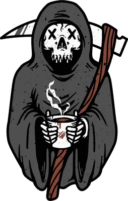 Hình minh họa thần chết Grim Reaper cầm tách cà phê nóng, phong cách vẽ nét đậm, cá tính