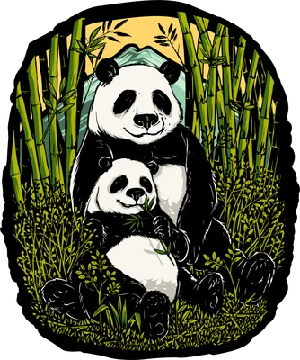 Hình ảnh hai chú gấu trúc, một lớn một nhỏ, ngồi giữa rừng tre xanh tươi, với núi và bầu trời vàng phía sau.