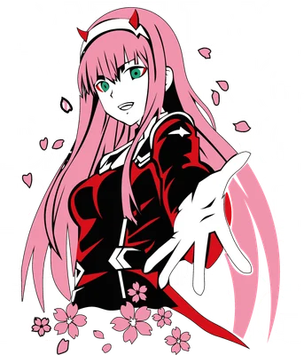 Hình ảnh Zero Two từ anime Darling in the Franxx với mái tóc hồng, mắt xanh lá, sừng đỏ và hoa anh đào rơi.