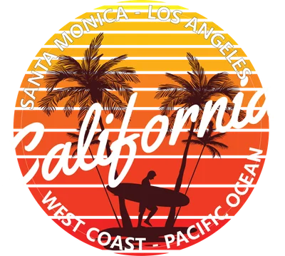 Thiết kế hình in California với cây dừa, người lướt sóng và hoàng hôn phong cách retro