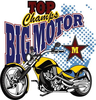 Hình ảnh minh họa xe mô tô Big Motor màu vàng đen với chữ "TOP Champs BIG MOTOR" và ngôi sao có chữ M.