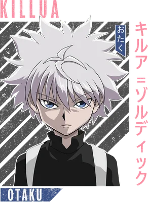 Hình vẽ nhân vật Killua Zoldyck từ anime Hunter x Hunter với mái tóc trắng, mắt xanh và biểu cảm nghiêm túc.